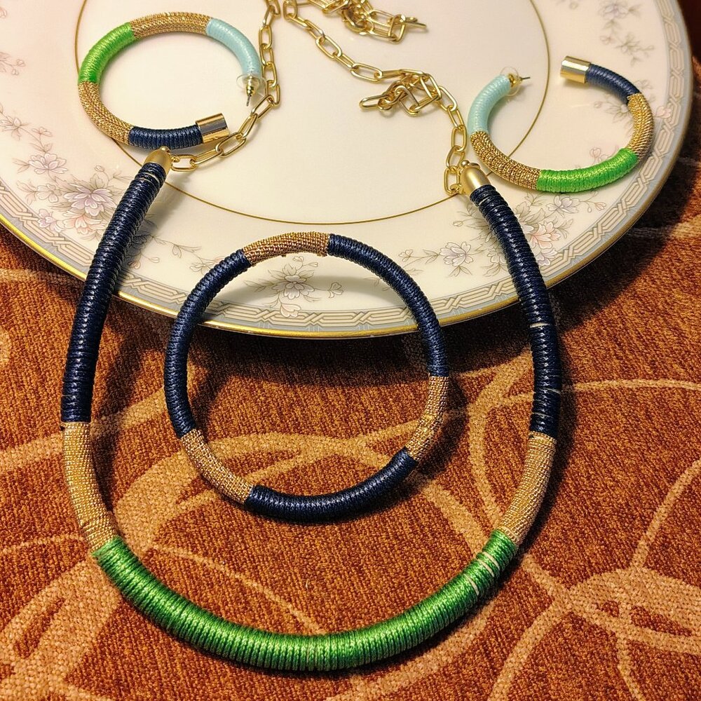 Michelle McDowell Gold Tone Metal Seth Green Navy Necklace Bracelet Earrings Set